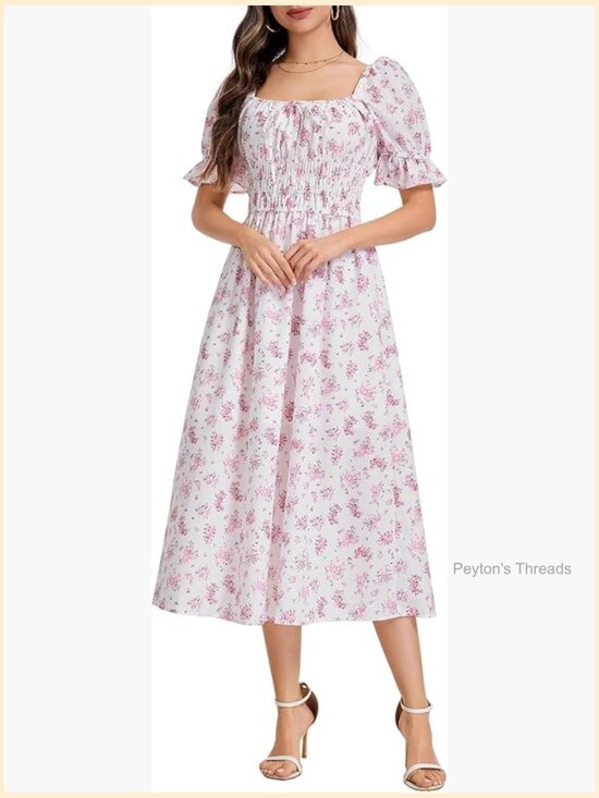 Dresses & Skirts - Floral Maxi Dress Puff Sleeve Square Neck Smocked Waist A-Line